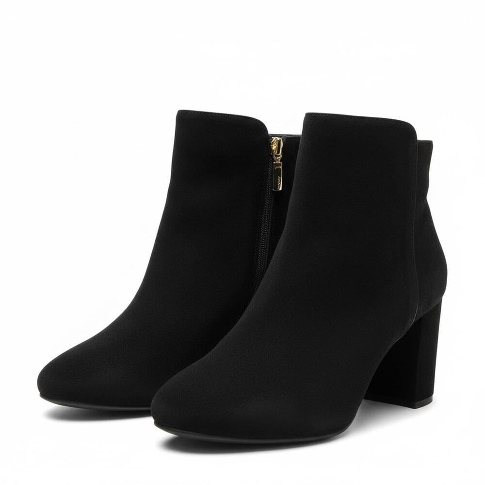 Schutz Luxe Black Suede Ankle Boots 9 | Gold Zip Detail | Leather Sole 3.5” Heel